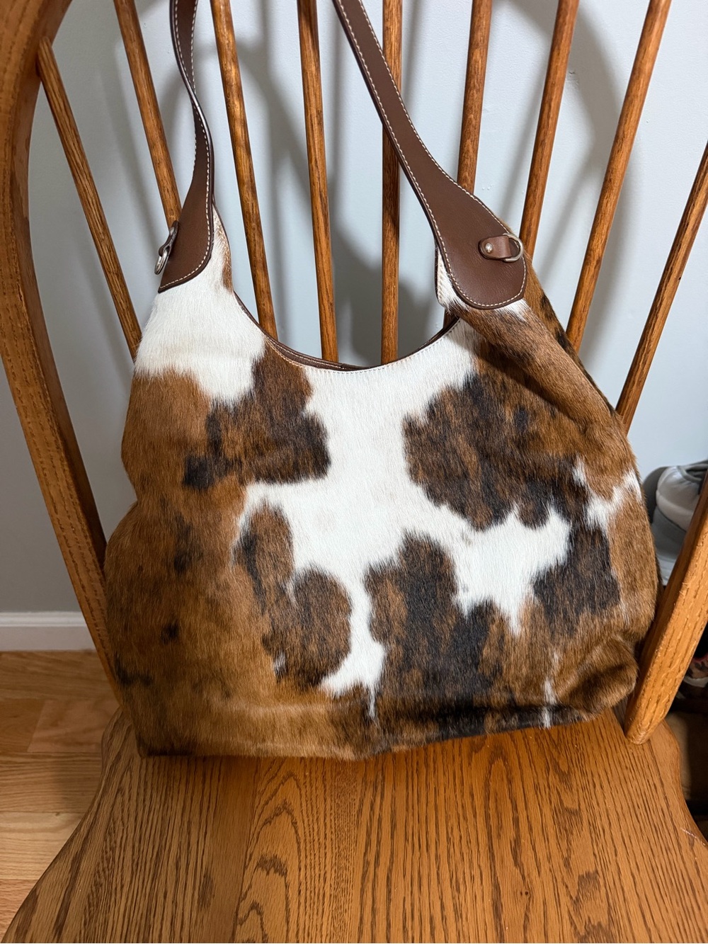 Brown and White Cowhide Shoulder Bag with Leather Trim